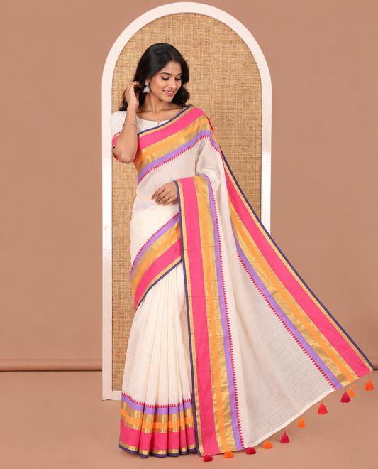 Cream Plain Khadi Mul Cotton Saree, Complemented by a Contrast Multi-Colored Temple Border, a Self-Pallu, and Paired with a Matching Blouse