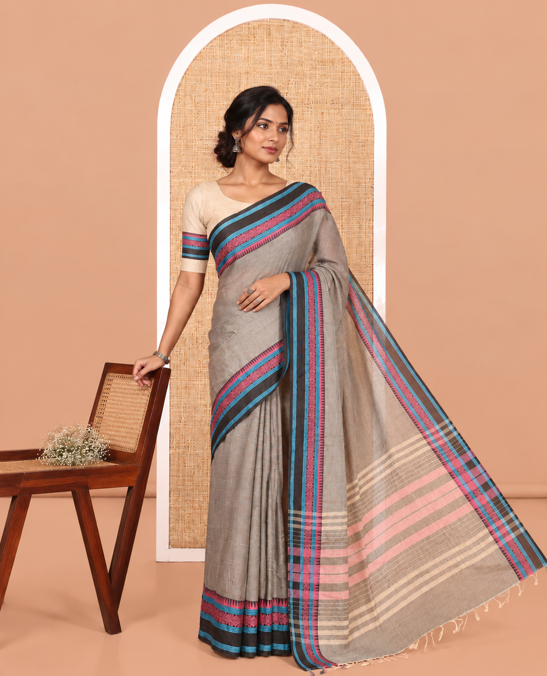 Grey Plain Chettinad Cotton Saree, a Contrast Traditional Thread Border, and a Contrast Blouse