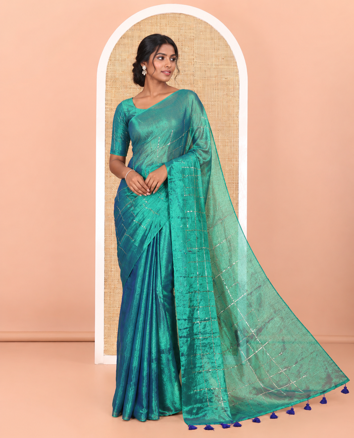 Borderless peacock green sequins embroidered checked khadi tissue saree, self-pallu, and a plain matching blouse