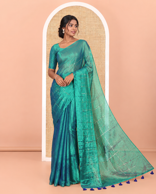 Borderless peacock green sequins embroidered checked khadi tissue saree, self-pallu, and a plain matching blouse