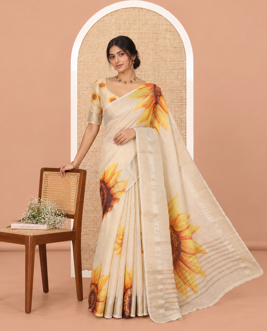 Gold Tissue Linen Saree Features Sunflower Print, a Zari Border, and a Matching Blouse