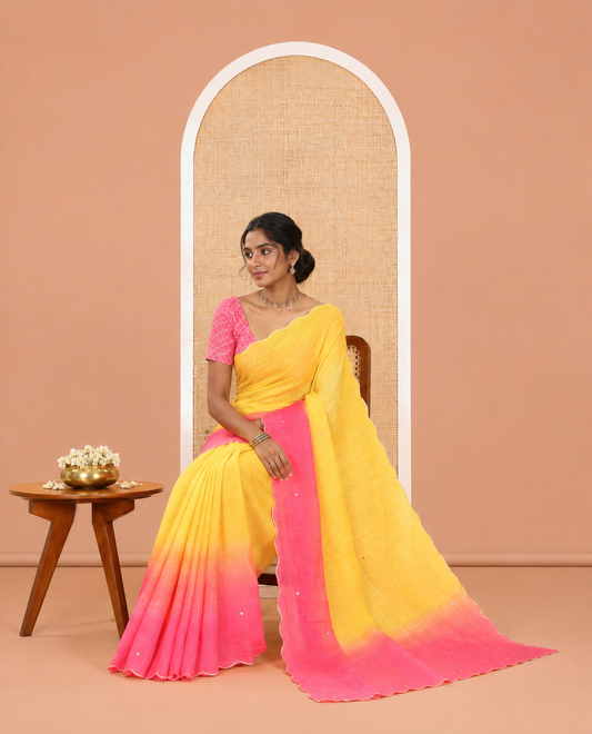 Yellow-Pink Linen Cotton Saree Features Ombre Dye and Mirrorwork, Scallop Border, and Contrast Blouse