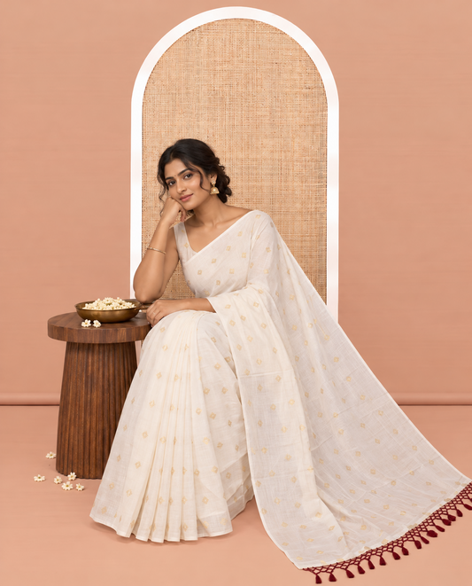 Borderless Cream Kerala Cotton Saree, Adorned with Zari Buttas, a Self-Pallu, and a Matching Blouse