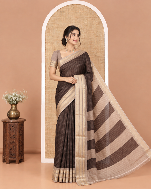 Dark Brown Moss Chiffon Saree, Bedecked with Zari Checks All Over Its Body, Complemented by a Contrast Traditional Zari Design Border, Zari Striped Pallu, and Paired with a Contrast Blouse