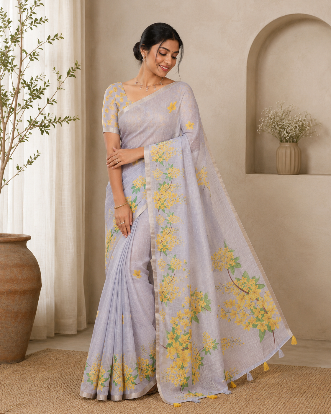 Grey Linen Saree, Enthralled with Averrhoa Carambola-Style Floral Motifs Print, Subtle Piping Border, Pallu Mirrors the Same Print, and Paired with a Matching Blouse