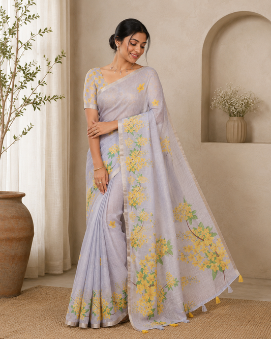 Grey Linen Saree, Enthralled with Averrhoa Carambola-Style Floral Motifs Print, Subtle Piping Border, Pallu Mirrors the Same Print, and Paired with a Matching Blouse