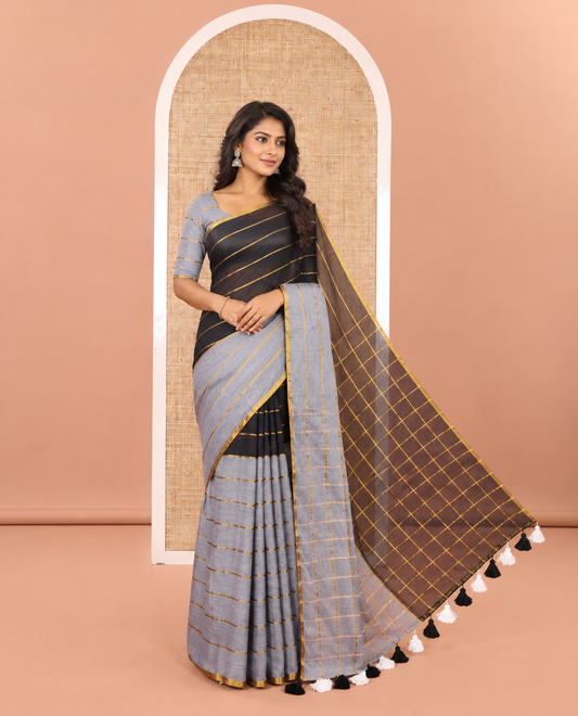 Grey and Black Khadi Mul Cotton Saree, Elevated with Horizontal Zari Stripes on Its Body, Zari Piping Border, Subtly Striped Pallu, and Paired with a Contrast Blouse