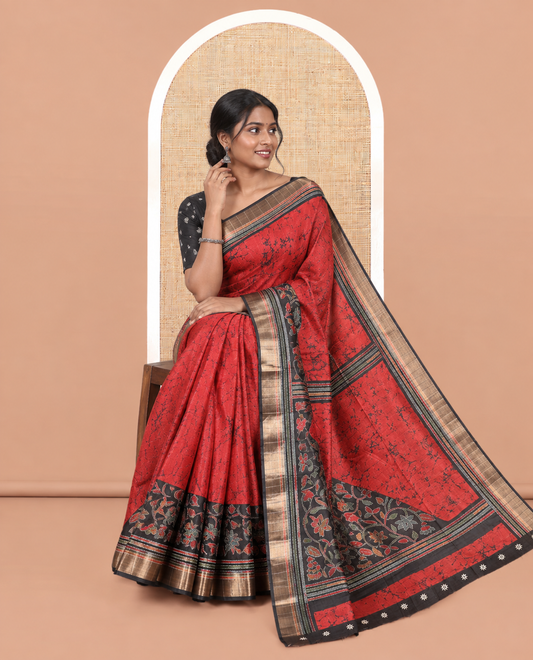 Red Katan Silk Saree, Detailed with Batik Print, a Contrast Kantha Work Border, Pallu of Floral Print and Kantha Work, and a Contrast Blouse