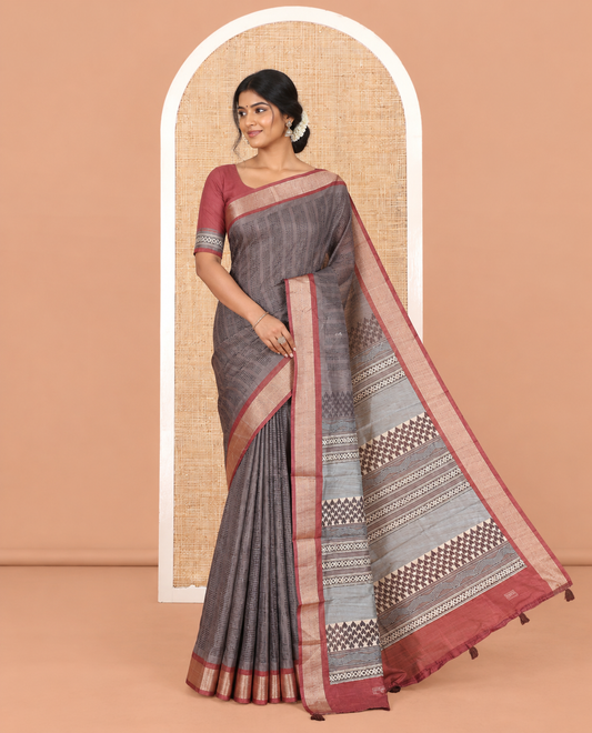 Grey Art Tussar Saree, Ornamented with Geometric Patterns, a Contrast Zari Border, a Geometric Pallu, and a Contrast Blouse