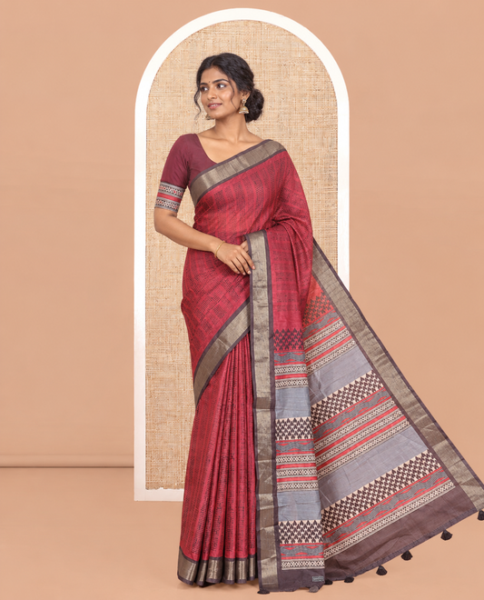 Pink Art Tussar Saree, Embellished with Geometric Patterns, a Contrast Zari Border, a Geometric Pallu, and a Contrast Blouse