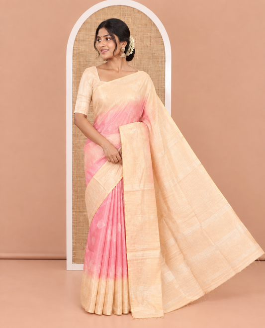 Pink Bhagalpur Cotton Saree, Accentuated with Dotted-Thread Stripes, Contrast Thread Striped Border, Pallu of Thread Stripes, and a Contrast Blouse