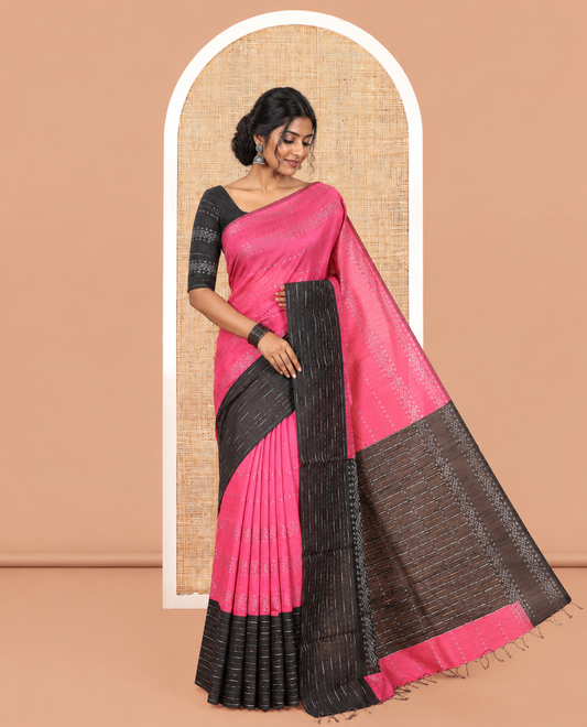 Rani Pink Semi-Raw Silk Saree, Sparsely Woven with Zari Designs, a Contrast Striped Border, Striped Pallu, and a Contrast Blouse