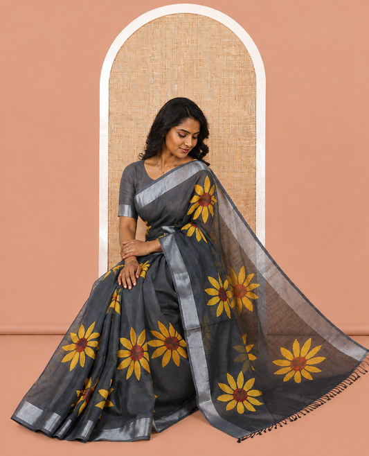 Elephant Grey Linen Cotton Saree, Beautified with Sunflower Print, a Zari Border, and a Matching Blouse