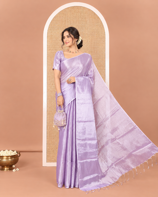 Borderless Lavender Plain Khadi Tissue Saree, a Self-Pallu, and Paired with a Matching Blouse