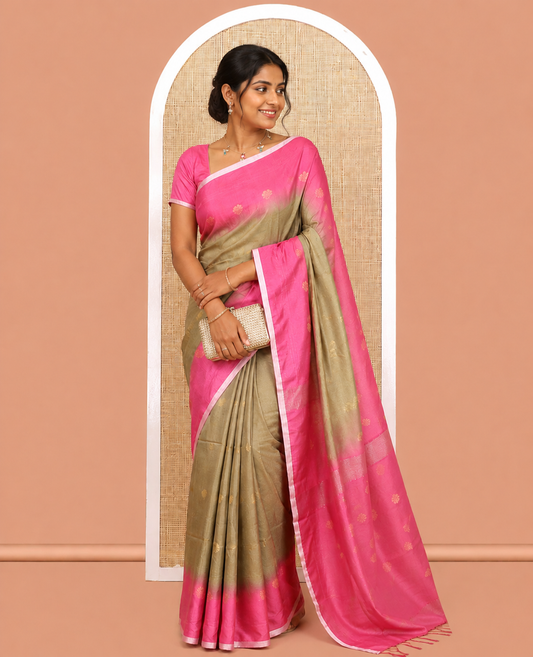 Olive Green Bhagalpur Cotton Saree, Subtly Sparkled with Buttas, a Contrast Butta Border, and a Contrast Blouse