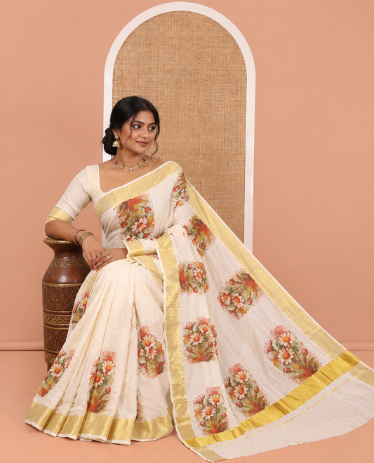 Cream Kerala Cotton Saree, Accentuated with Checks and Floral Zari Buttas, a Zari Border, a Self-Pallu and a Matching Blouse