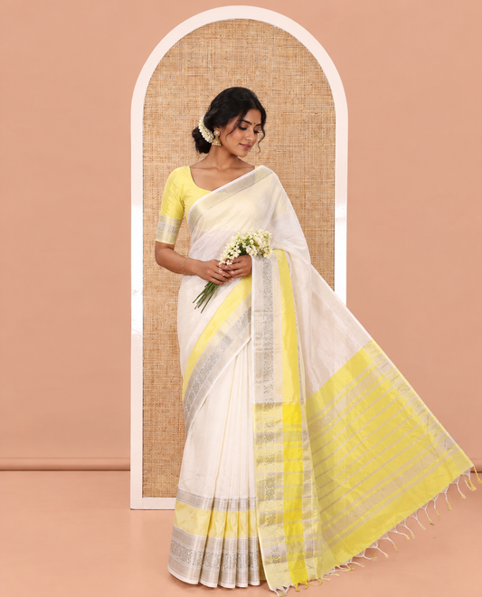 Off-White Mangalagiri Silk Saree, Sparsely Woven Stripes On Its Body, Complemented by Contrast Border of Temple and Peacock Designs, Striped Pallu and Paired with a Contrast Blouse
