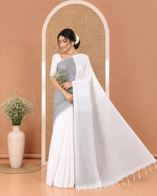 Borderless White and Grey Plain Khadi Mul Cotton Saree, Self-Pallu Steeped with Stripes, and Paired with a Plain Blouse