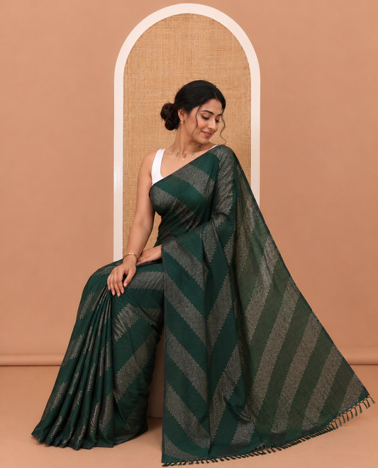 Borderless bottle green leheriya-striped foil-printed Vichitra silk saree with a self pallu and no blouse