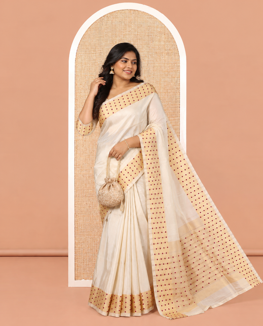 Gold-Maroon Plain Tissue Saree, Gold Polka-Dotted Border, Matching Blouse