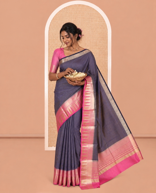 Navy Plain Semi-Tussar Saree, Contrast Traditional Temple Border, Striped Pallu, Contrast Blouse