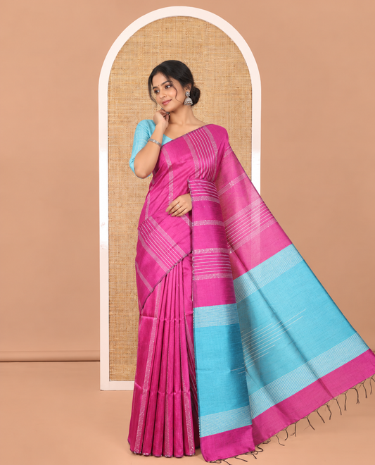 Borderless Magenta Semi-Raw Silk Saree, Decorated with Sequined Stripes, a Contrast Zari Striped Pallu, and Contrast Blouse