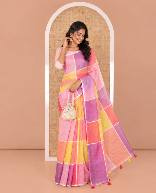 Borderless Multi-color Linen Cotton Saree, Adorned with Big Colorful Solid Checks On Its Body, Self-Pallu of Tassels, and Paired with a Contrast Plain Blouse