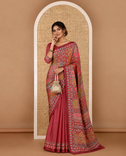 Multi-color geometric printed, mirror work masakali saree with printed, mirror work border & printed pallu along with plain blouse