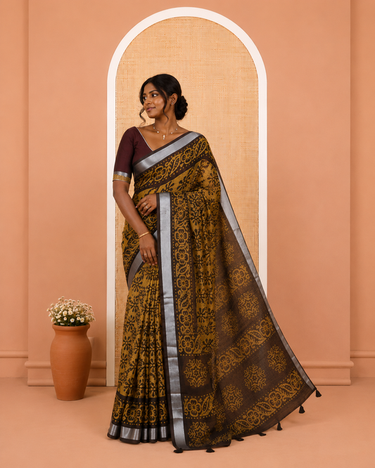 Chikku Jute Linen Saree Features Batik Floral Print, Zari Border, Printed Pallu, Contrast Blouse