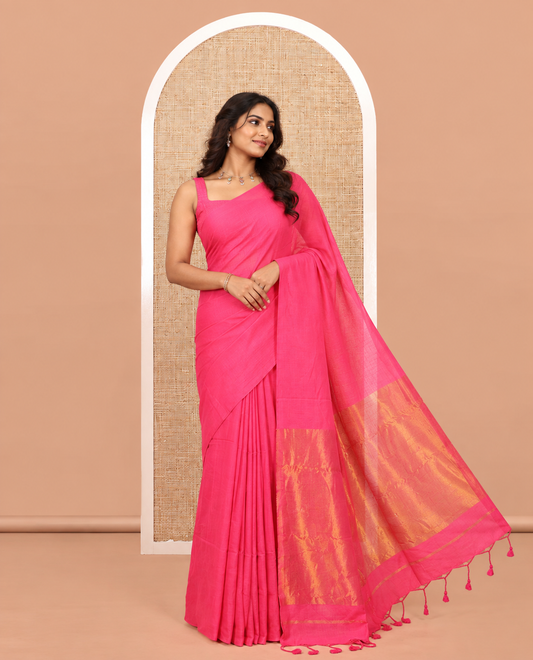 Borderless Rani Pink Plain Khadi Cotton Saree