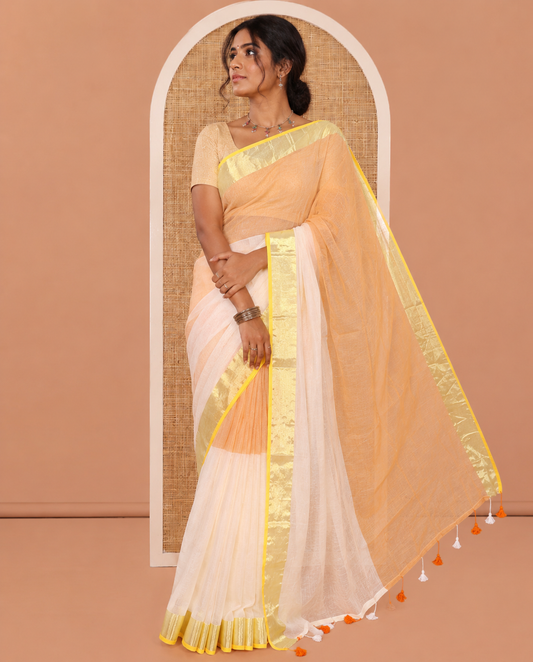 Cream-Orange Half-And-Half Plain Khadi Mul Cotton Saree, a Gold Zari Border, Striped Pallu, and No Blouse