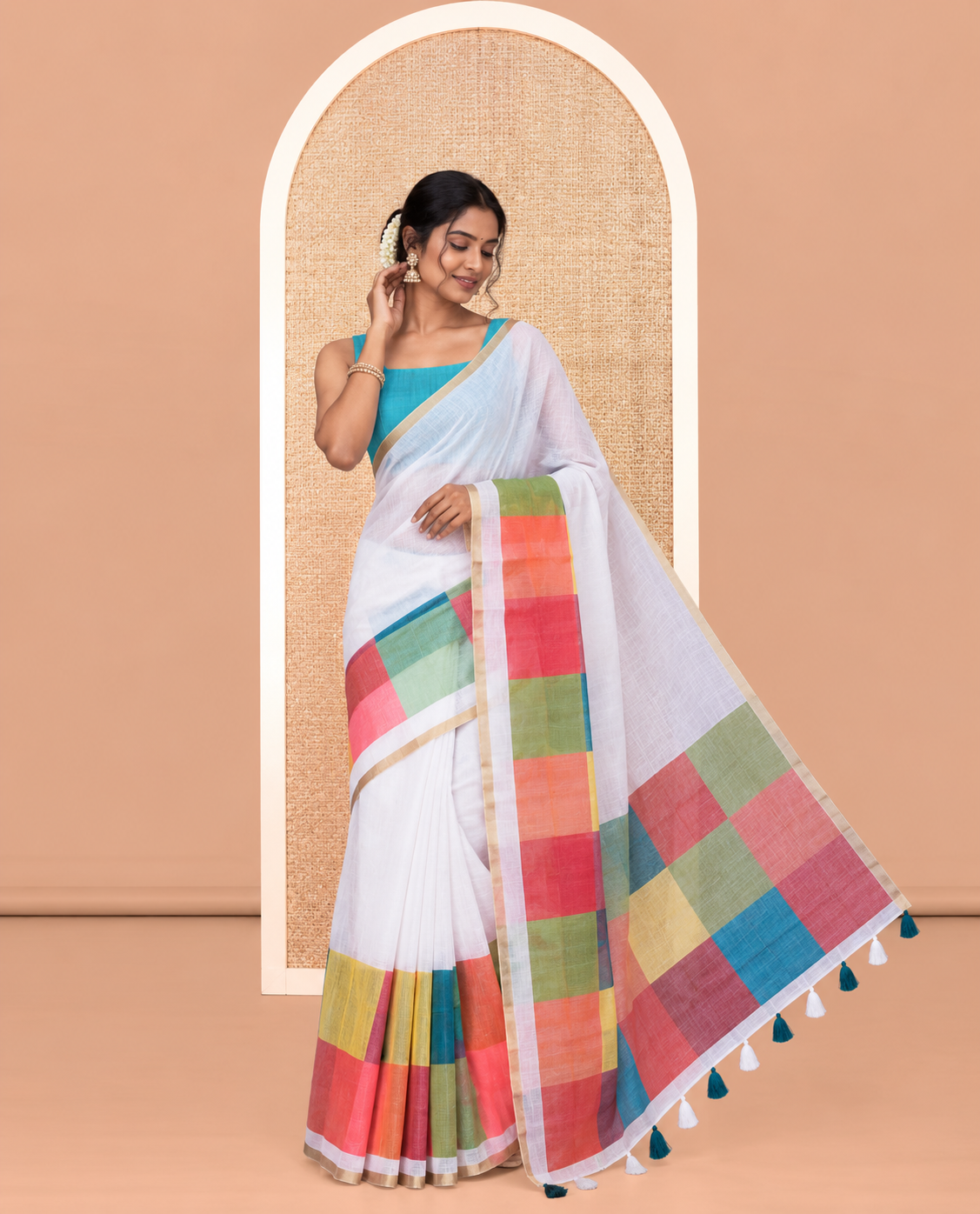 White Linen Cotton Saree, Complemented by a Contrast Multi-Color Checked Border, a Contrast Blouse