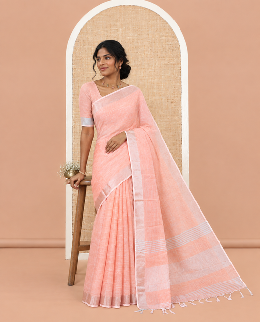 Orange Plain Linen-Cotton Saree, a Zari Border, Striped Pallu, and a Matching Blouse