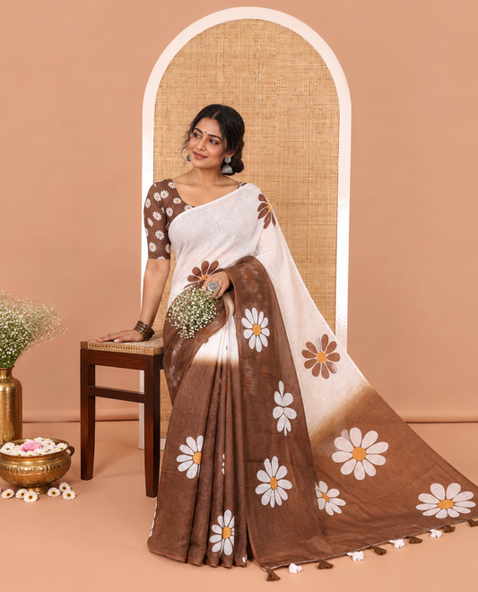 Borderless white-Brown 2D-style daisy floral printed linen cotton saree, daisy floral printed pallu, and daisy floral printed blouse