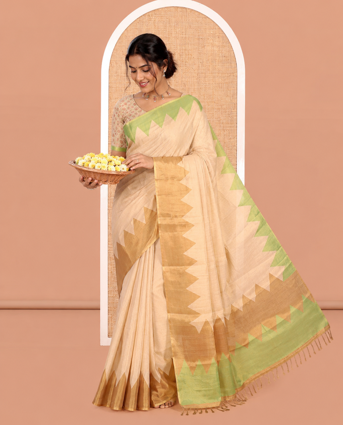 Gold-Green-Brown Plain Tissue Saree, Complemented by Contrast Ganga-Jamuna Temple Border, a Matching Blouse