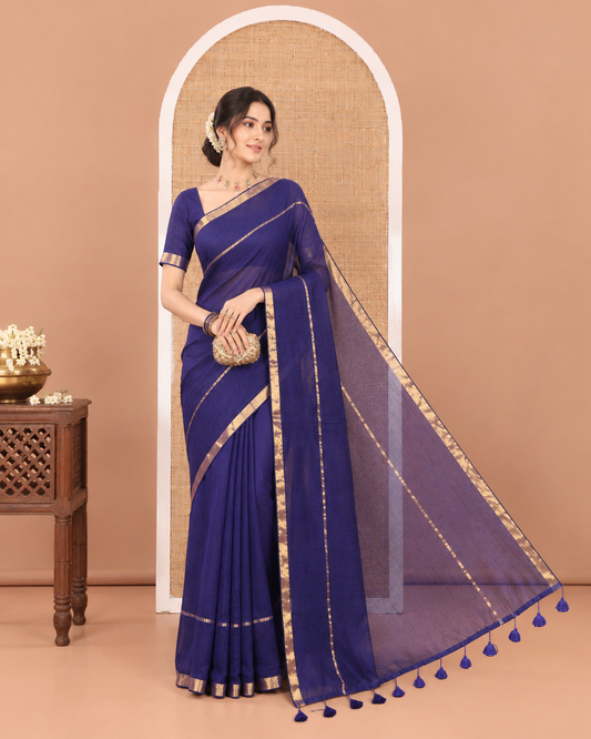 Blue Plain Khadi Mul Cotton Saree, Subtly Sparkled with Zari Border, Self-Pallu, and Paired with a Matching Blouse