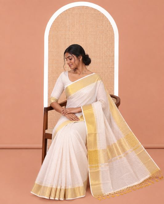 Cream Zari Checked Kerala Cotton Saree, Gleaming Zari Temple Border, Zari Striped, and a Matching Blouse