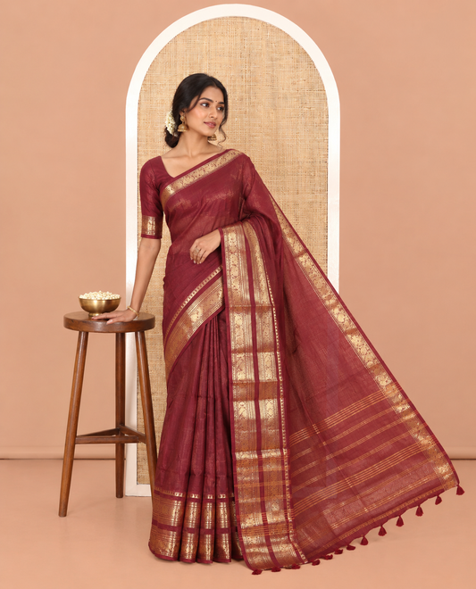 Maroon Plain Chettinad Cotton Saree, Highlighted by Rettai Pettu Peacock-Elephant Border, a Matching Blouse