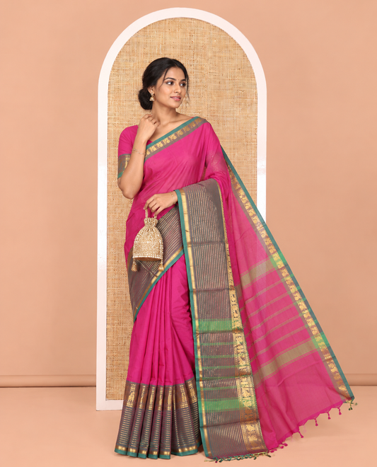 Dark Purple Plain Chettinad Cotton Saree, Complemented by a Contrast Traditional Zari Peacock Border,  Striped Pallu, and Matching Blouse