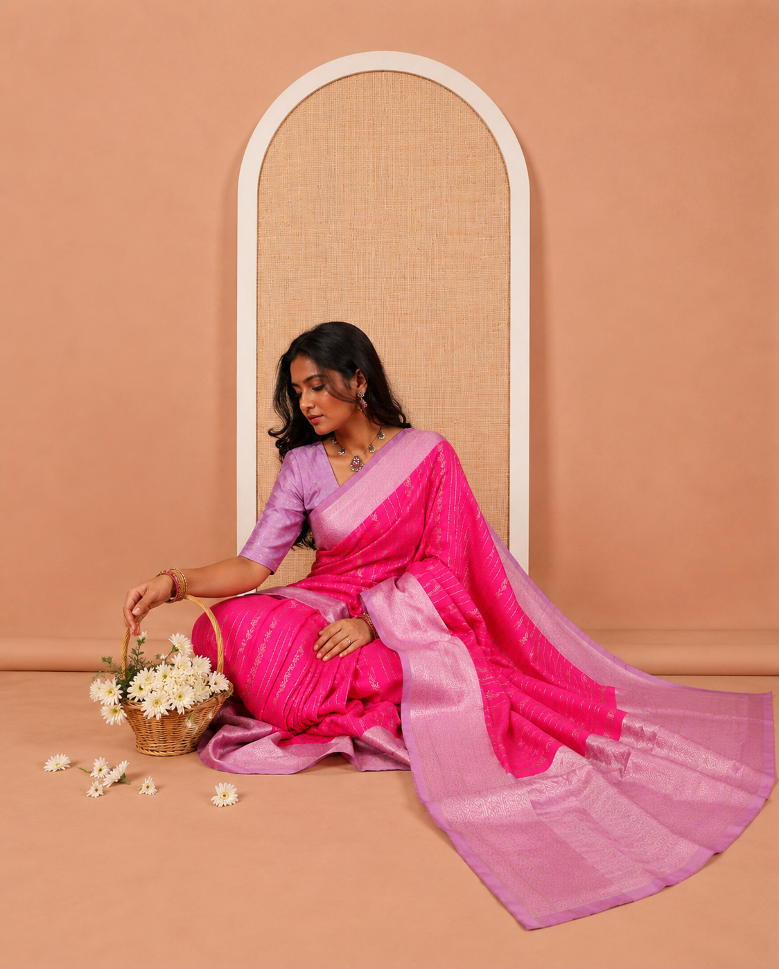 Rani Pink Semi-Kanchi Silk Saree Features Zari Design, a Contrast Traditional Border, Grand Pallu, and Contrast Blouse