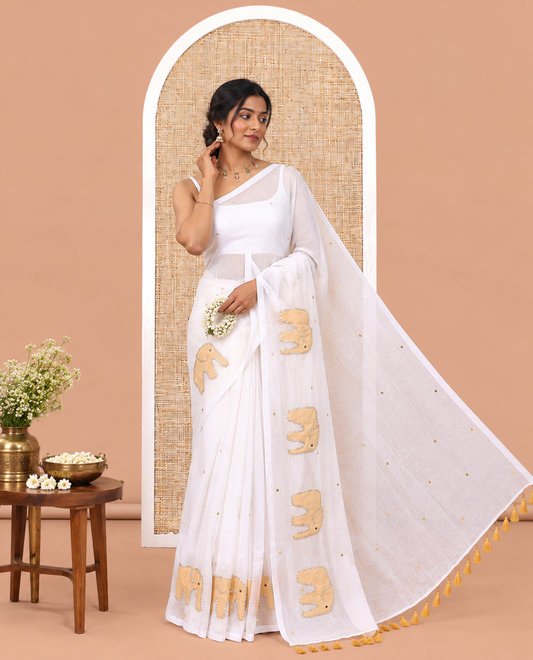 Borderless Cream Khadi Mul Cotton Saree, Artfully Woven with Sequins Work and Elephant Patchwork, No Blouse