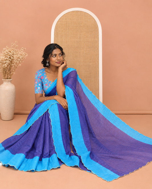Violet Plain Linen Cotton Saree, Contrast Plain Scallop Border, a Self-Pallu, and Contrast Kalamkari Printed Blouse