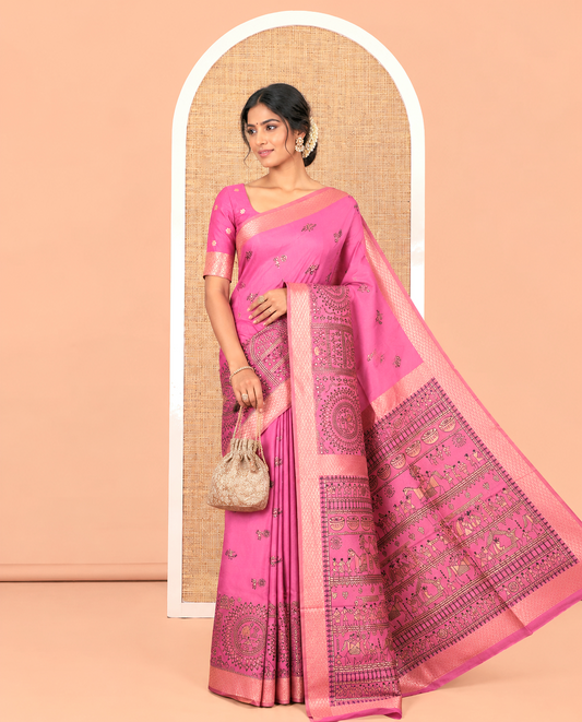 Pink  Satin Silk Saree, Adorned with Warli Motif Print, Highlighted by Warli Printed Zari Border, Warli-Village Palllu, and a Matching Blouse
