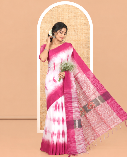 White-Purple Khadi Cotton Saree, Woven with Ikat Buttas, Contrast Blouse, Ikat Pallu, Matching Blouse
