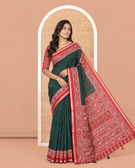 Green Manipuri Tussar Saree, Delicately Woven with Mirror Work, a Contrast Patola Animal Motif Border, Patola Pallu, a Contrast Blouse