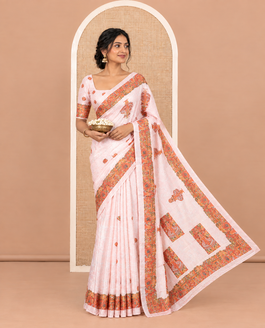 Peach Masakali Saree, Artfully Detailed with Kerala-Themed Print and Mirror Work, a Matching Blouse