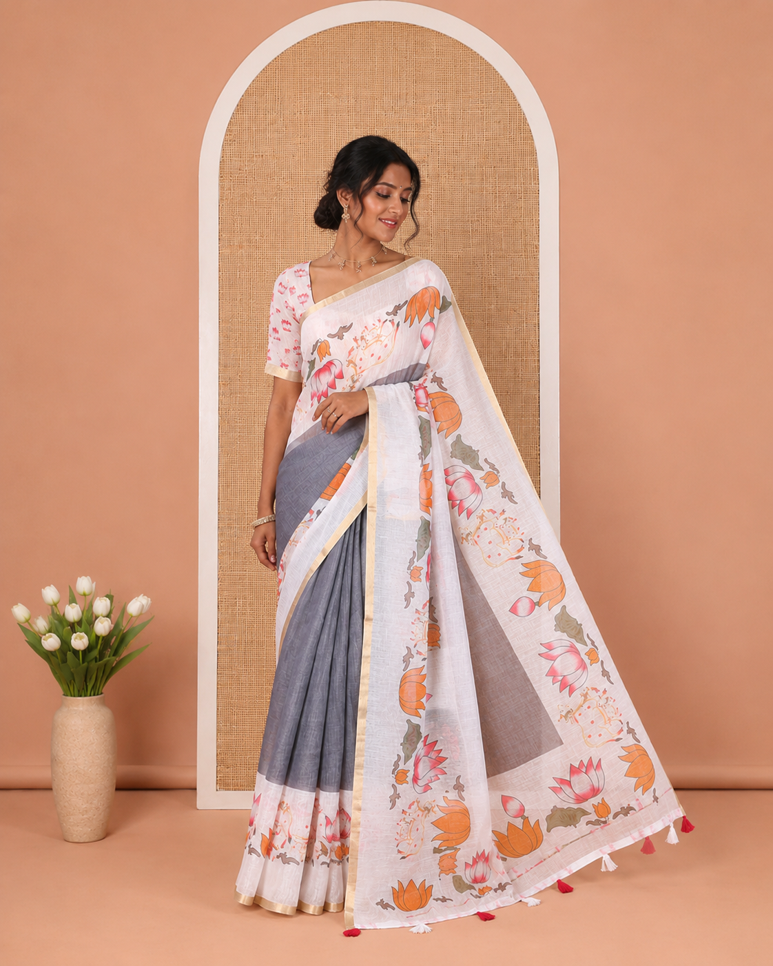 Grey Plain Linen Cotton Saree, Complemented by a Contrast Border Depicting Pichwai Cow and Lotus Motifs Print, Pallu of the Same Body Print, and Paired with a Contrast Blouse