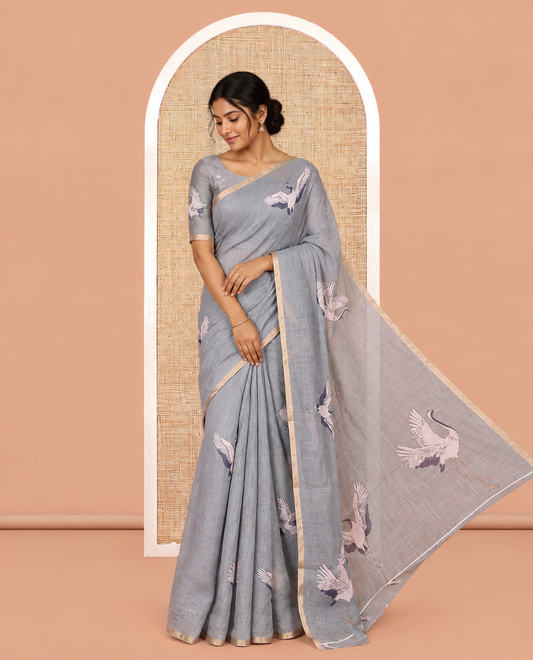 Borderless Grey Linen Cotton Saree, Adorned with Crane Motifs Print, and a Matching Blouse