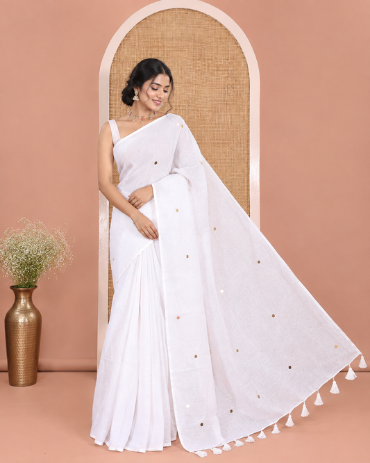 Borderless White Khadi Mul Cotton Saree, Subtly Sparkled with Sequin Work on Its Body and Pallu, and Paired with a Matching Blouse