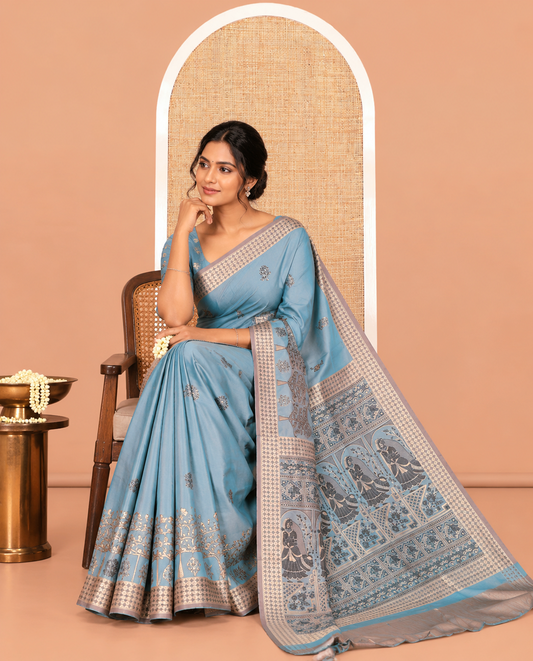 Blue Satin Silk Saree, Adorned with Flora-Fauna Buttas, Tree-Bird Border, Intricate Pallu, Matching Blouse